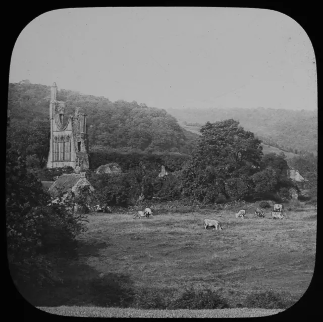 ANTIQUE Magic Lantern Slide DISTANT VIEW OF BYLAND ABBEY C1890 PHOTO YORKSHIRE