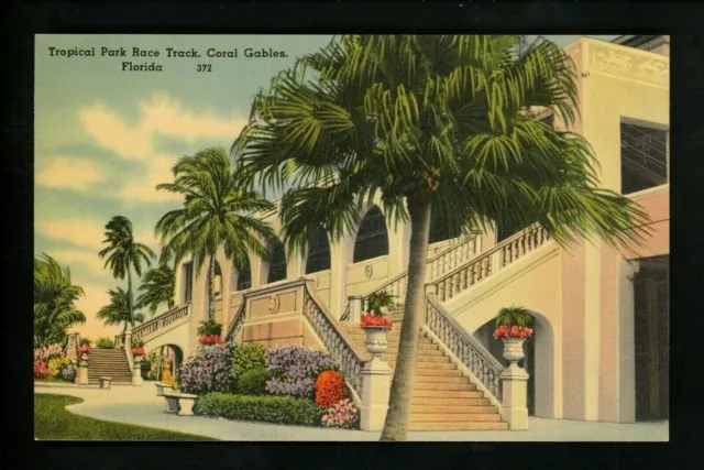 Florida FL postcard Coral Gables, Tropical Park Horse Race Track linen Tichnor