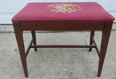 Vintage Wooden Stool Bench Ottoman Floral Needlepoint Top 2