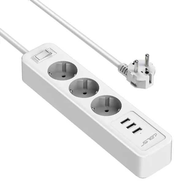 Multiprise 3 Prises 3 Ports USB Chargeur Câble 2M 5V Parafoudre LED Blanc Noir