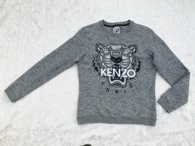 Kenzo Jungle Paris Tiger Grey Embroidered Cotton Jumper Sweatshirt S UK 8