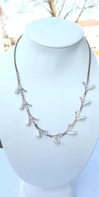 Swarovski Elements Crystal Faux White Teardrop Pearl Gold Plated Vine Necklace