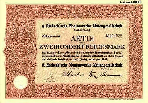 Lot 10 A Riebeck'sche Montanwerke AG Halle / Saale Aktien 1943 Sachsen-Anhalt Öl