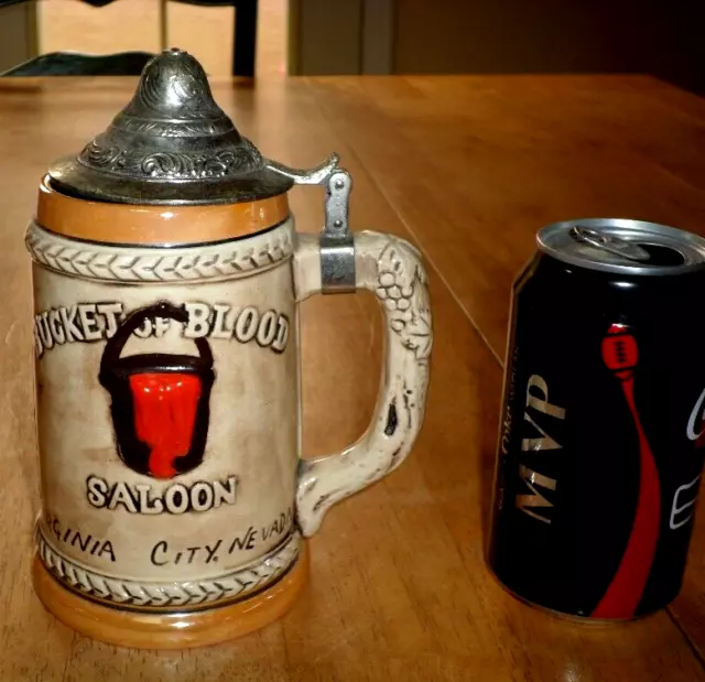 [BUCKET OF BLOOD SALOON] VIRGINIA CITY, NV.,  3-D Ceramic Beer Stein + Metal Lid