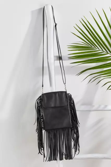 NWT Soft Surroundings Area Stars Fringe Crossbody Bag Black Vegan Leather