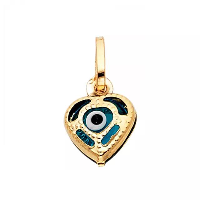 14K Solid Yellow Gold Heart Evil Eye Pendant -Good Luck Necklace Charm Women Men
