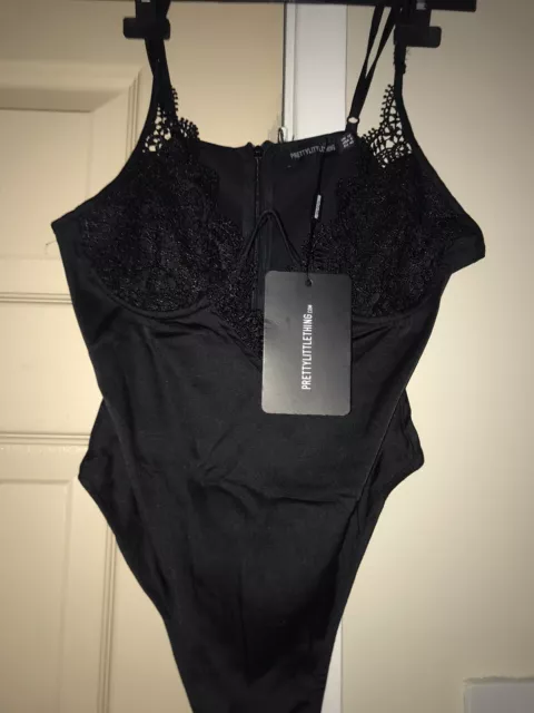 PRETTY LITTLE THING Black Lace Non Wired Thong Bodysuit Size 14 £8.00 -  PicClick UK