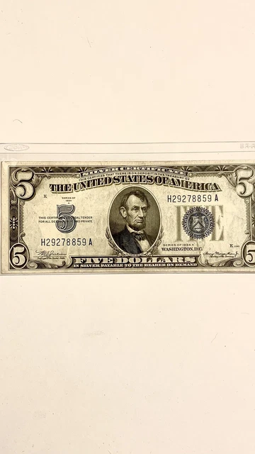 1934 A $5 Silver Certificate Note Blue Seal Vf.