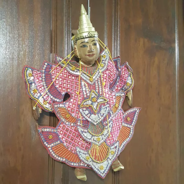 Burmese Asian Puppet Marionette Carved Wood Handmade Folk Art 14.5" DHL Express