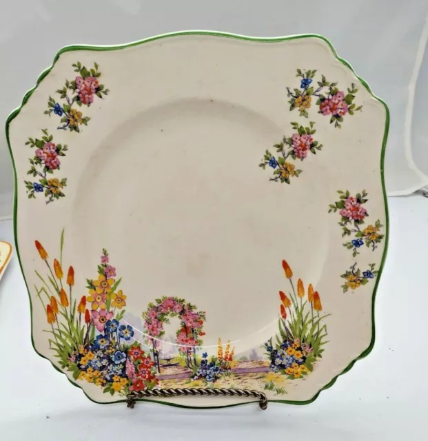 Royal Winton Hand Painted Square Serving Plate Flower Garden 1920's 8 3/4"