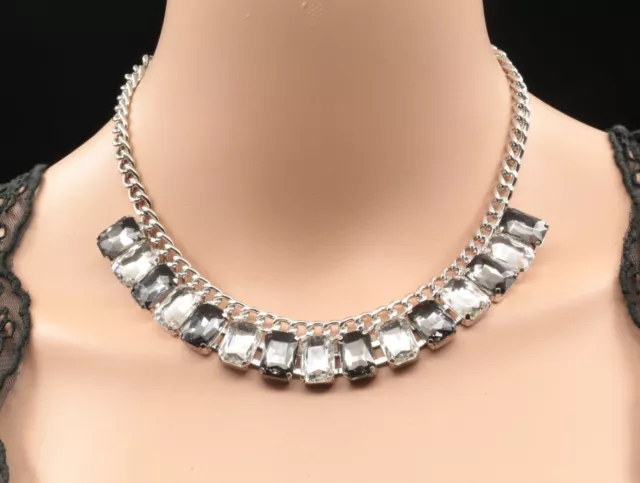 Stunning black clear square cut crystal bib choker 14KGP necklace jewelry N73