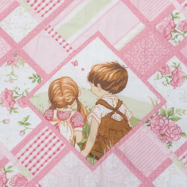 Vtg Girls Handmade Throw Blanket Quilted Pink Green Bonnet Lamb Baby Toddler