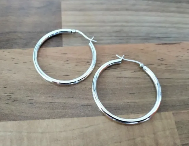 925 Sterling Silver - Plain Silver Round Hoop Earrings Ladies - Snap Closure