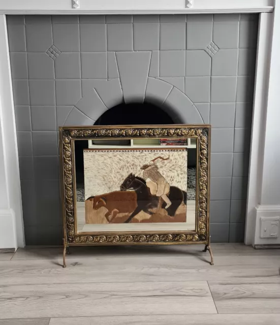 Schermo antincendio vintage ottone a specchio - scena cavallo + toro