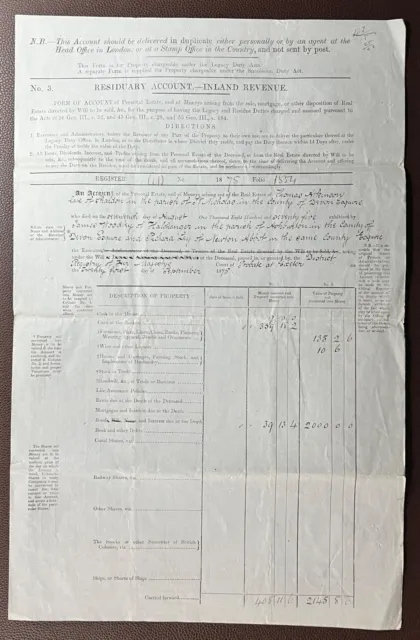 1875 Inland Revenue Residuary Account Document for Atkinson of Shaldon, Devon