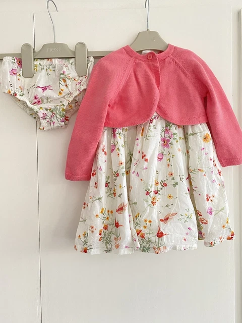 Baby Girls NEXT 6-9 Months Outfit Dress Cardigan Bloomers White Floral Birds GC