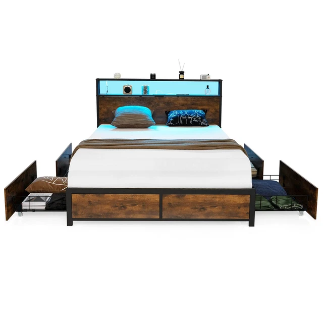 KING SIZE BED Frame Metal Bed Platform LED Lights Headboard & 4 Storage
