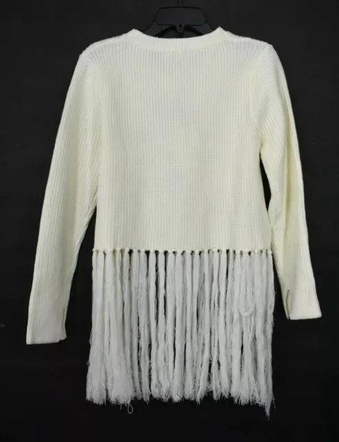 Moon River Womens Ivory Crewneck Long Sleeves Cropped Fringe Hem Knit Sweater M 2