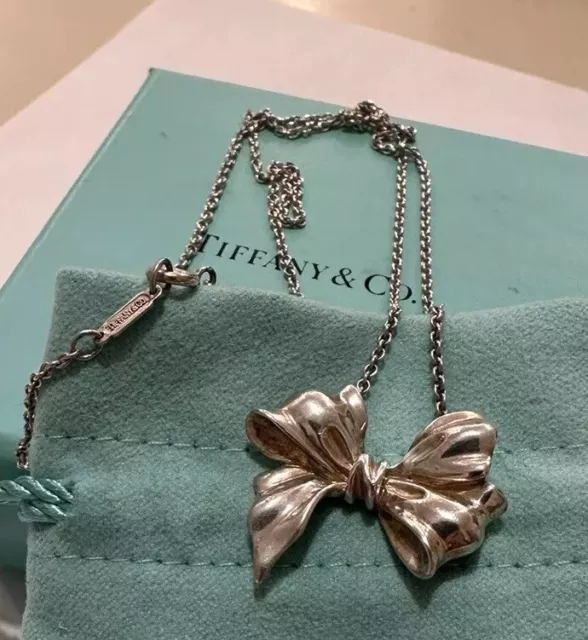 Tiffany & Co. Sterling Silver Large Bow Ribbon Pendant 18" Necklace