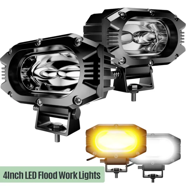 2x 4IN LED Work Light Flood Single Row White/Amber Flasing Fog Lights for Pickup