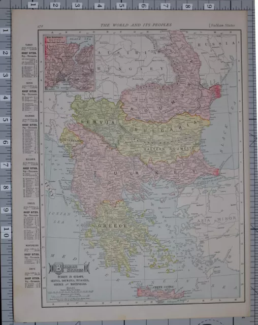 1906 Map Balkan States Turkey Bulgaria Roumania Servia Greece Crete Bosporus