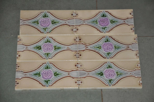 6 Pc Vintage Flower & Diamond Design Embossed D.K Mark Ceramic Tiles,Japan