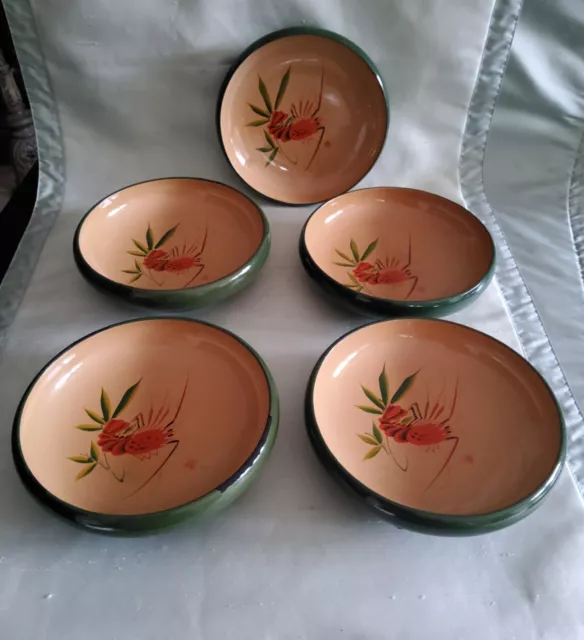 JA201: 5 Urushi Lack-Schälchen, Ebi-Krabbe, grün, Japan, signiert