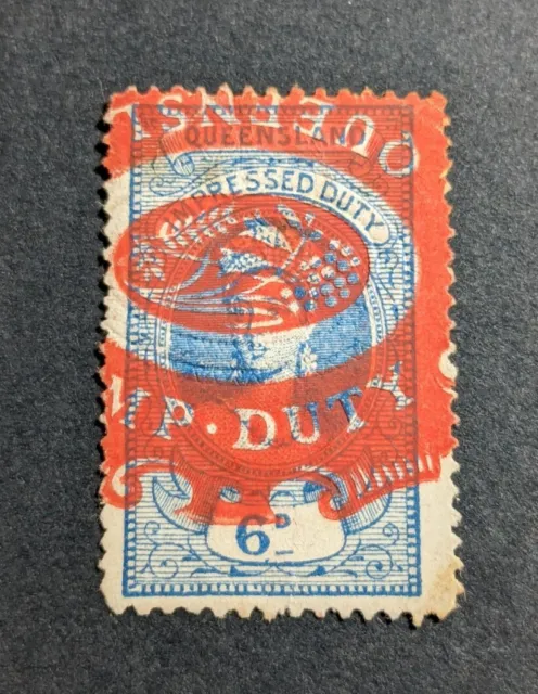 Old Queensland QLD State Stamp 6 D Pence Blue Impressed Stamp Duty