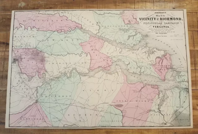 Antique Colored MAP OF RICHMOND AREA - (Civil War) - Johnson's Family Atlas 1863