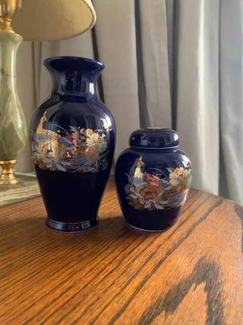 pair Cobalt Blue Japanese Vase,Tajimi Pottery,Fuku Arita Porcelain With Pheasant