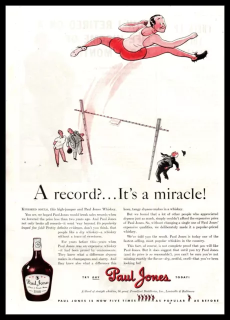 1941 Paul Jones Whiskey High Jumper "A Record? It's A Miracle!" Vintage Print Ad