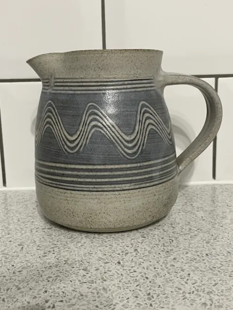 Large Grey Studio Pottery Jug With Wavy Blue Sgraffito Lines Seal Marks Bp Md