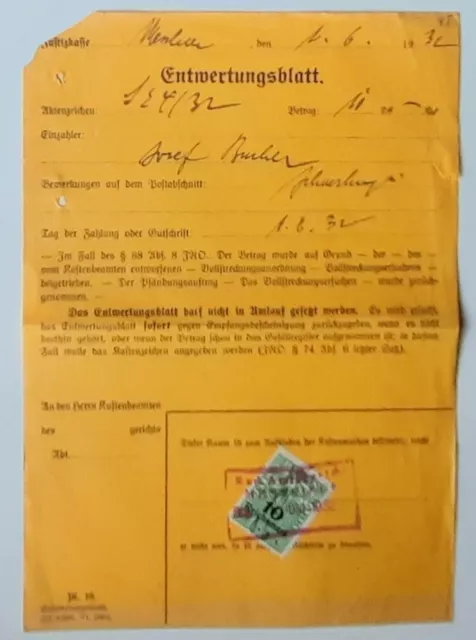 BADEN 1932  Gerichtskosten-Fiskalmarken - 10 RM auf Entwertungsblatt -