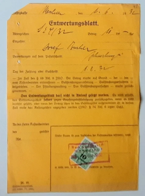 BADEN 1932  Gerichtskosten-Fiskalmarken - 10 RM auf Entwertungsblatt -