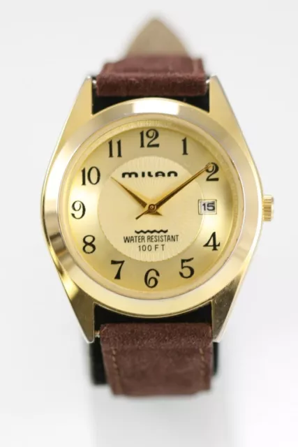 Milan Men Watch Gold Stainless Steel 100ft Leather Brown Battery Date Quartz