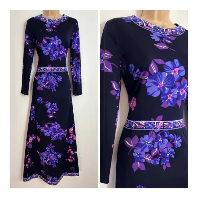 Vintage 70s Black Blue & Purple Floral & Border Print Belted Maxi Dress 10-12