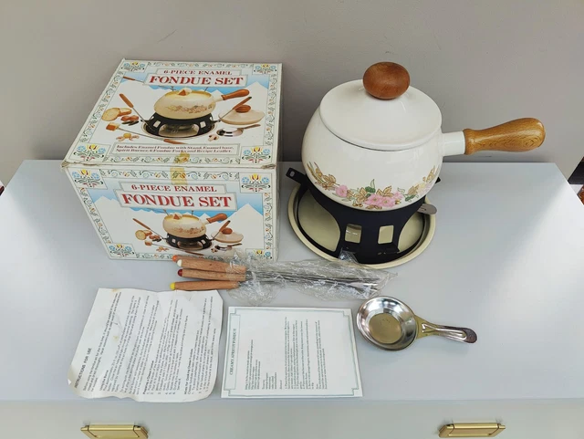 Set fonduta smalto giapponese 6 pz base spiedini beige istruzioni vintage inutilizzato in scatola