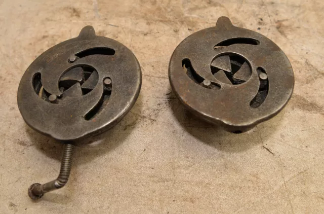 2 cast iron antique adjustable pipe holding clamps collectible early tool lot