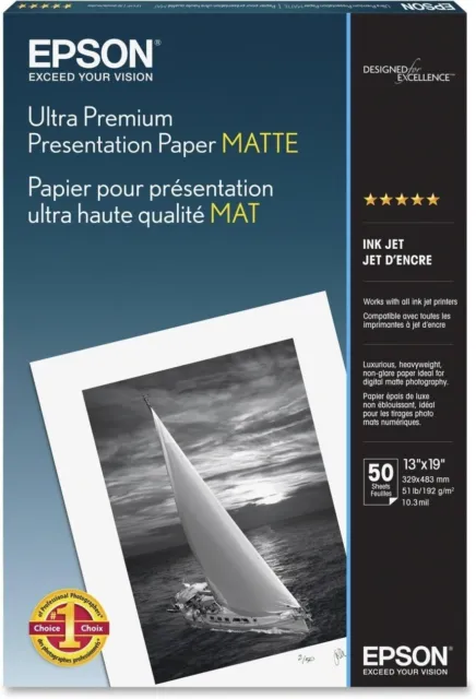 Epson Ultra Premium Matte InkJet 13x19 Presentation Paper 50 Sheets White 51 lb.