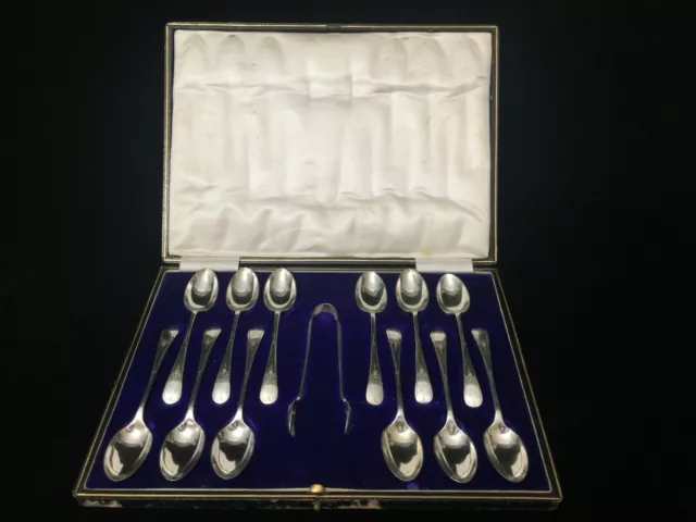 Antique J S Sheffield Silverplate 12 Coffee Tea Spoons & 1 Sugar Tongs w/Box