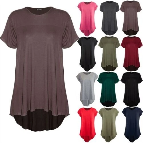 Donna Oversize Manica Corta Hi Lo Largo Affondante Orlo T Shirt Top Swing Abito