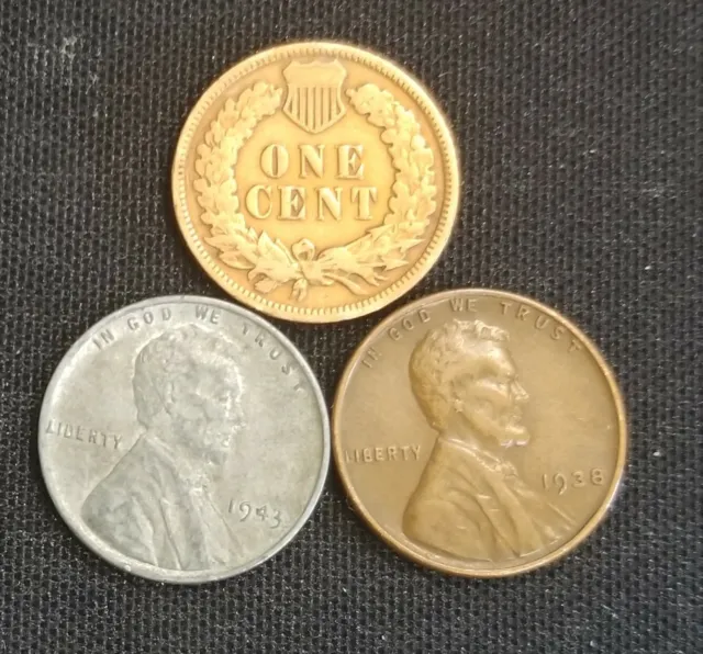 US Coin Lot Indian Head, Lincoln Wheat, & Steel Penny Cent 3 Coin Set