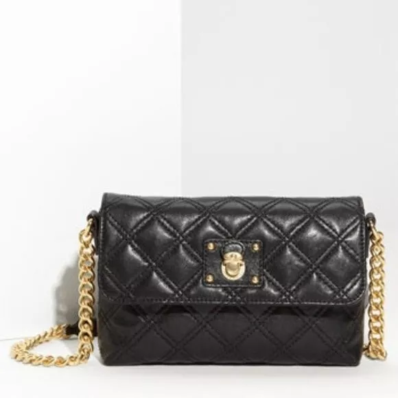 MARC JACOBS The Single Quilted Leather Crossbody Bag Black with Gold chain $595