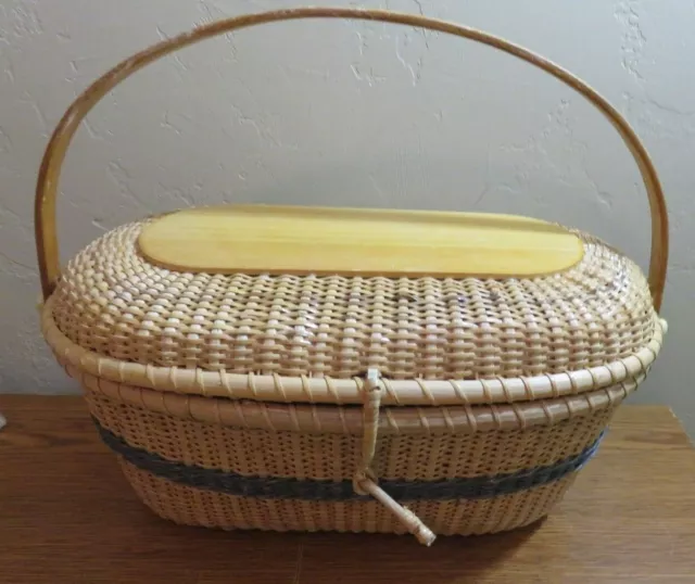 Nantucket Basket Fabric Lined & Covered Purse Sewing w/Swing Handle Vintage? LG