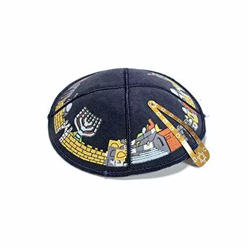 16 CM Juif Cuir Bleu Marine Kipa Kippa Synagogue Jérusalem Design