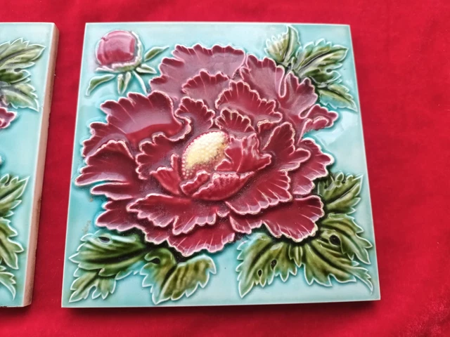 2 Piece Old Art Embossed Rose Flower Design Majolica Ceramic Tiles Japan 0343 3