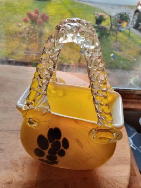 Murano Style Yellow Glass Purse Hand Blown Flower Vase with Handle vtg art glass