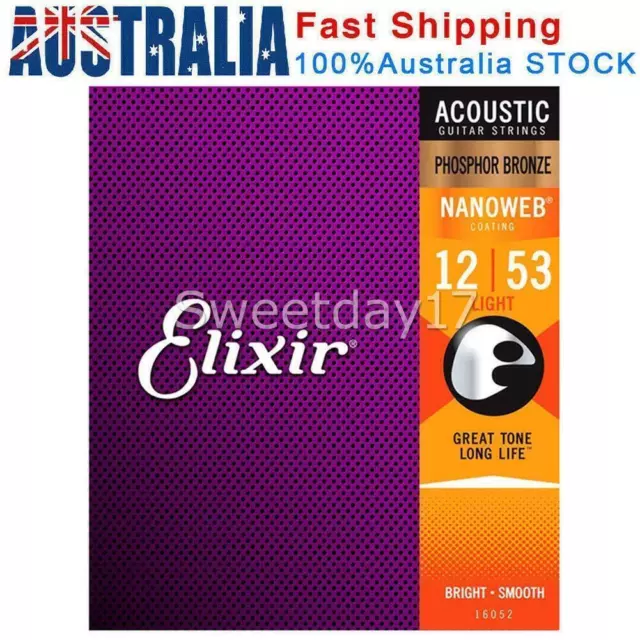 Elixir 16052 Acoustic Guitar Strings Nanoweb PHOSPHOR Bronze Light 12-53 AU