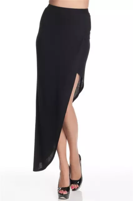 BCBG Mercer Knit Faux Wrap Skirt Black Faux Wrap Maxi Asymmetrical Maxi Ribb NEW