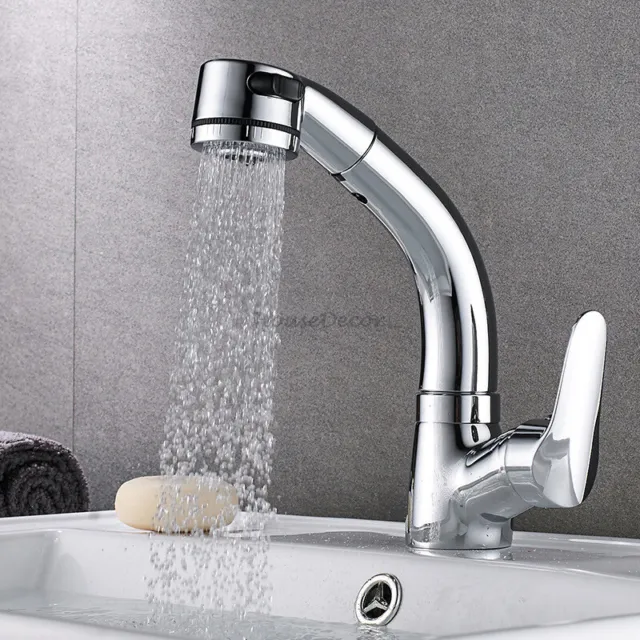 Single Lever Swivel Spray Bathroom Pull Out Mixer Taps Sink Basin Lifting Faucet